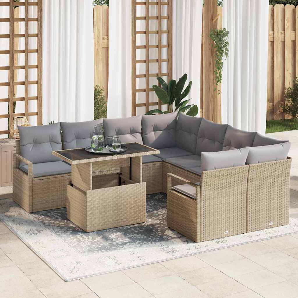 Conjunto de Sofás de Jardim com Almofadas 9 pcs Bege Polirratan