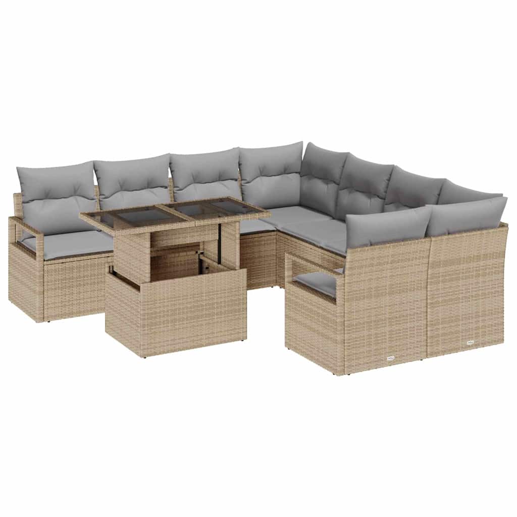 Conjunto de sofá de jardín con cojín 9 pcs Beige Poliratán