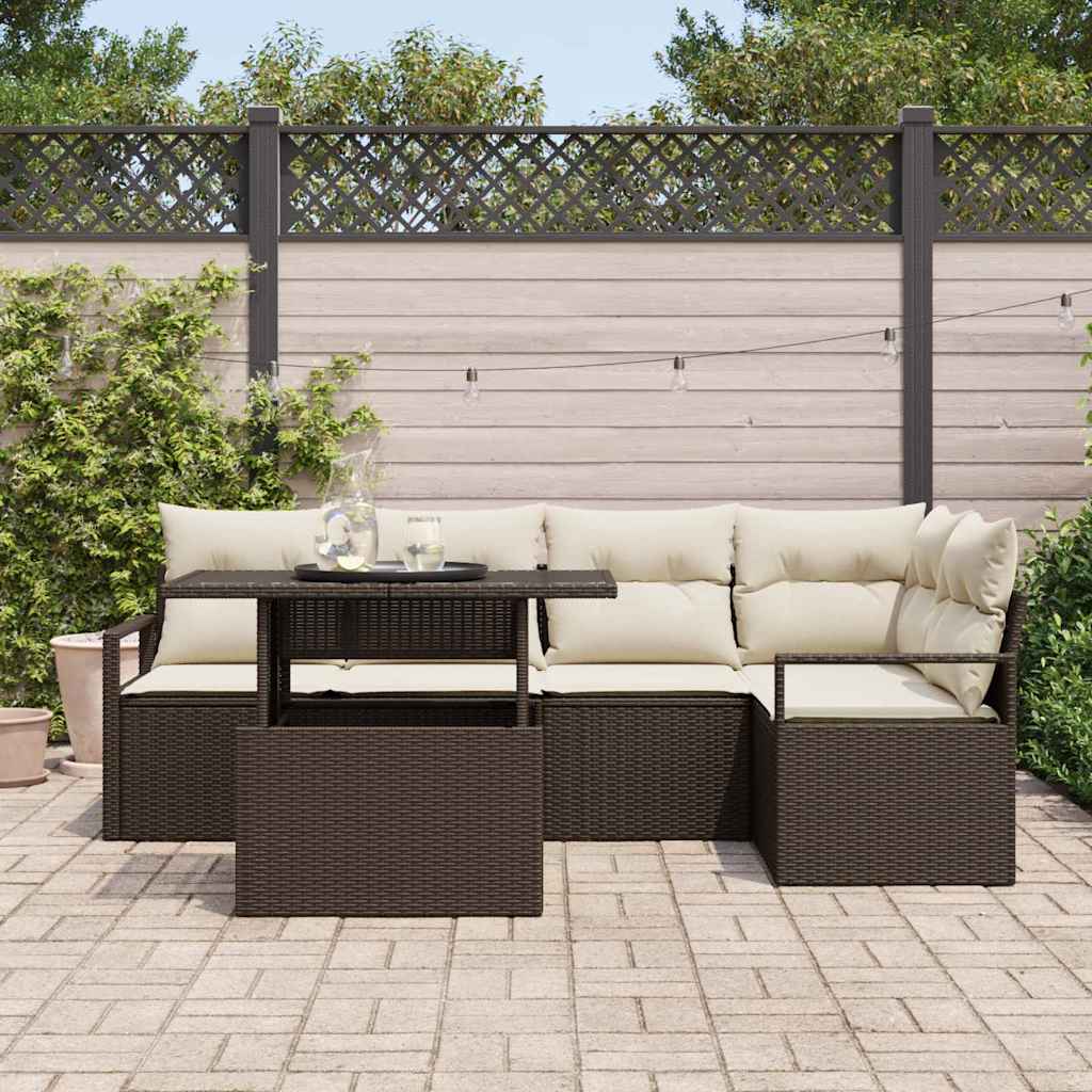 Conjunto de sofá de jardín con cojín 6 pcs Marrón Poliratán