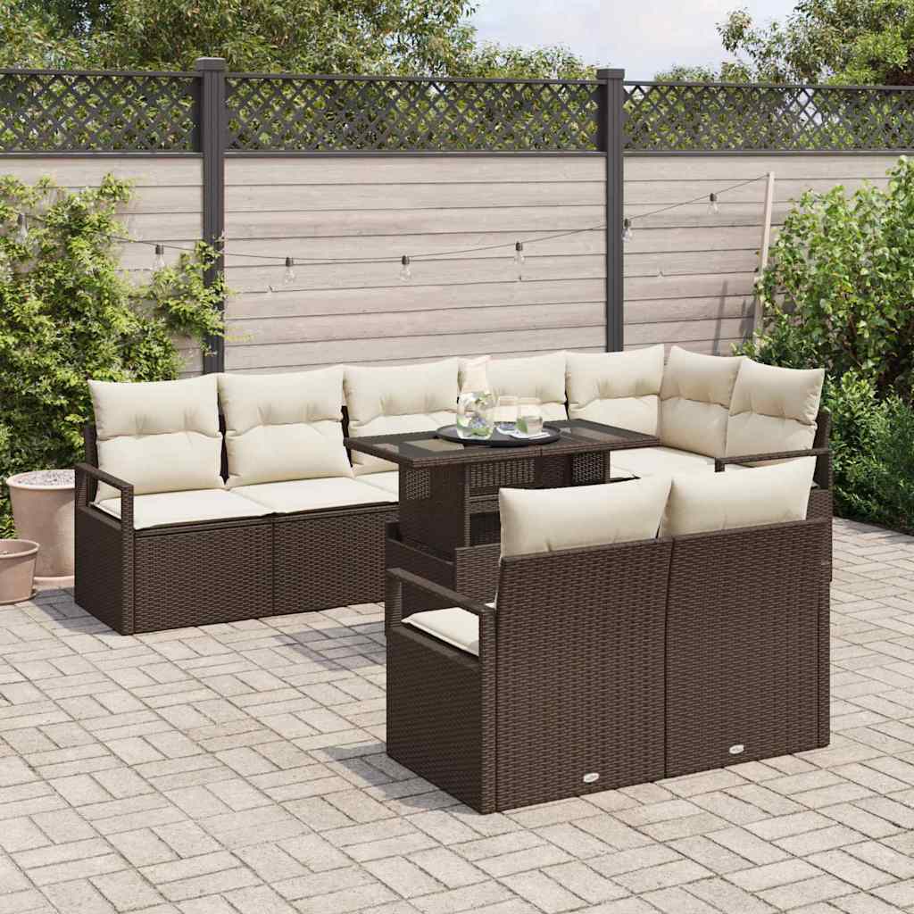 Conjunto de sofá de jardín 9 pcs Marrón Poliratán