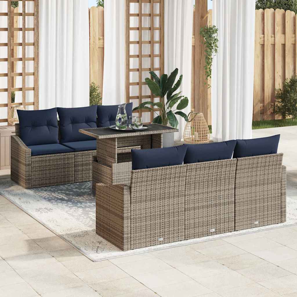 Conjunto de sofá de jardín con cojín 7 pcs Gris ratán sintético