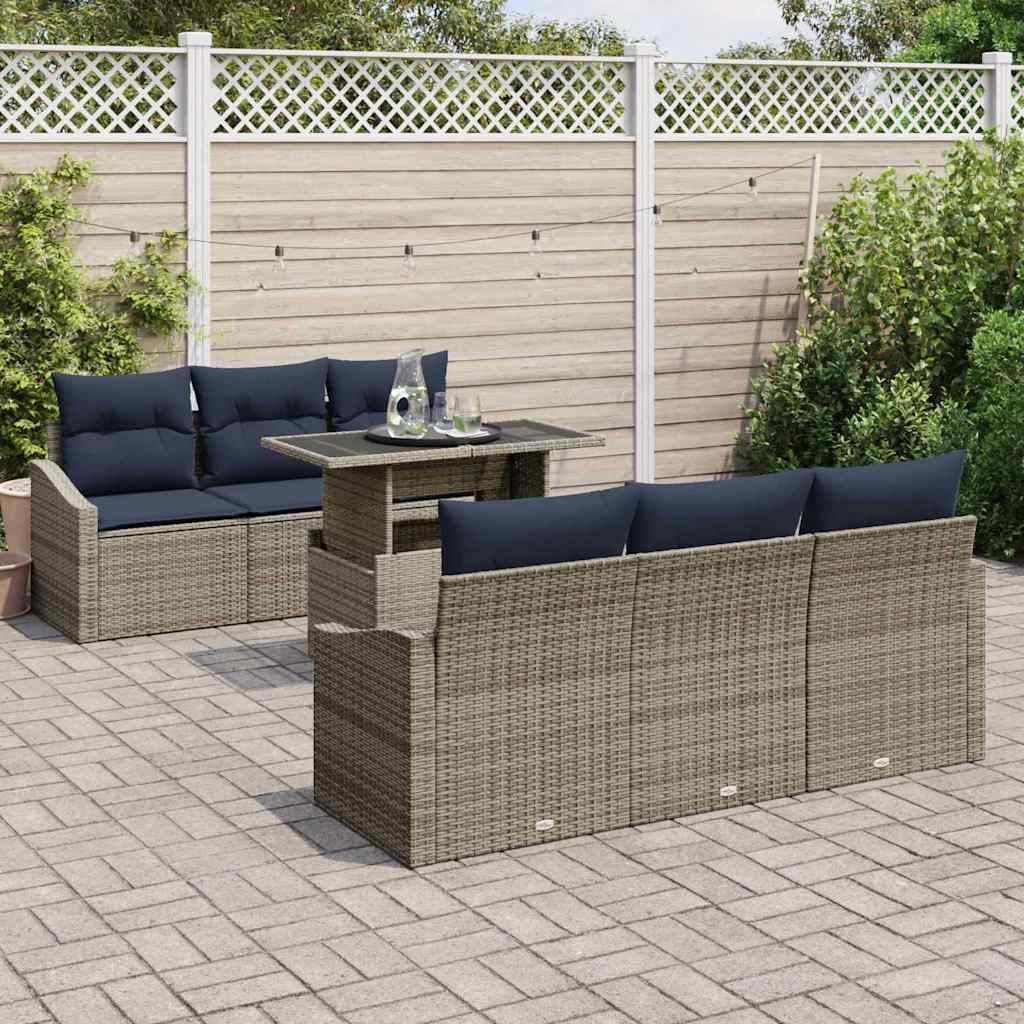 Conjunto de sofá de jardín con cojín 7 pcs Gris ratán sintético