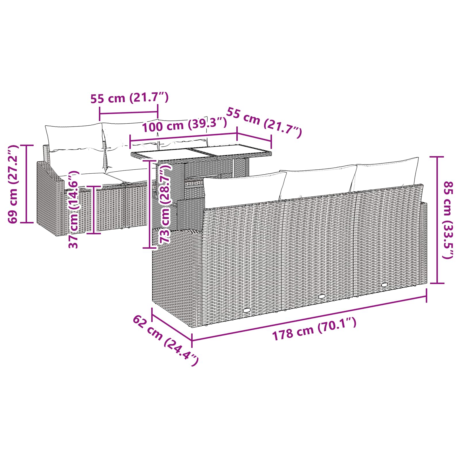 Conjunto de sofá de jardín con cojín 7 pcs Gris ratán sintético