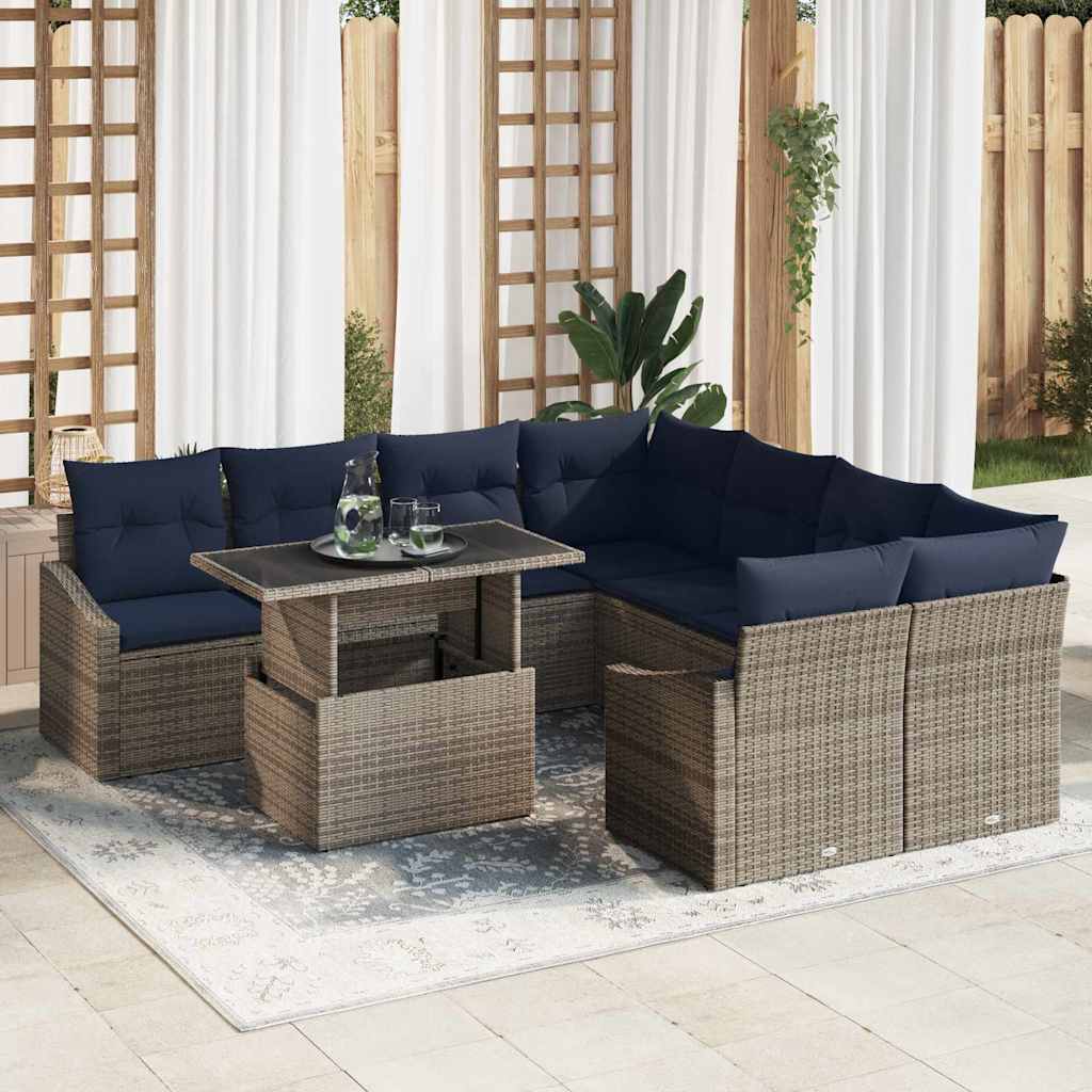 Conjunto de sofá de jardín con cojín 9 pcs Gris ratán sintético