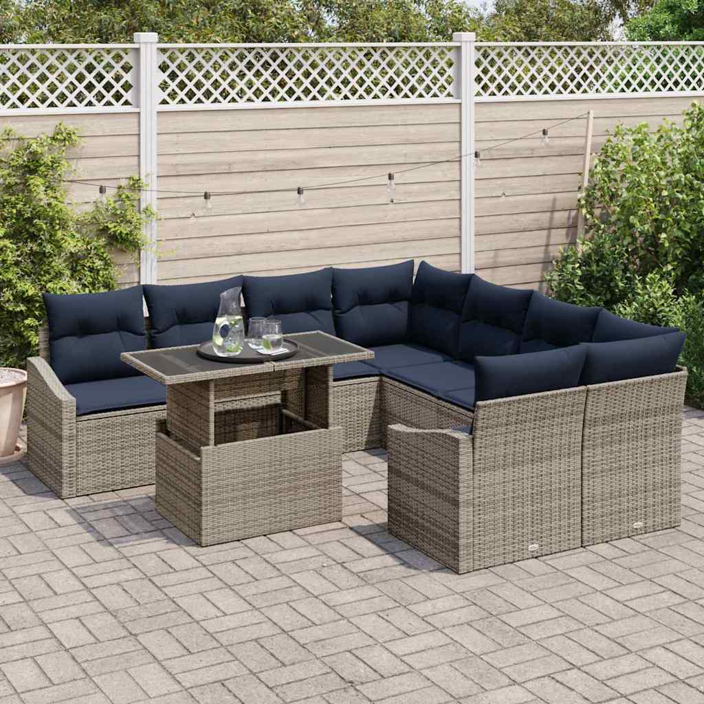 9-Piece Garden Sofa Set with Cushions Grey Poly Rattan