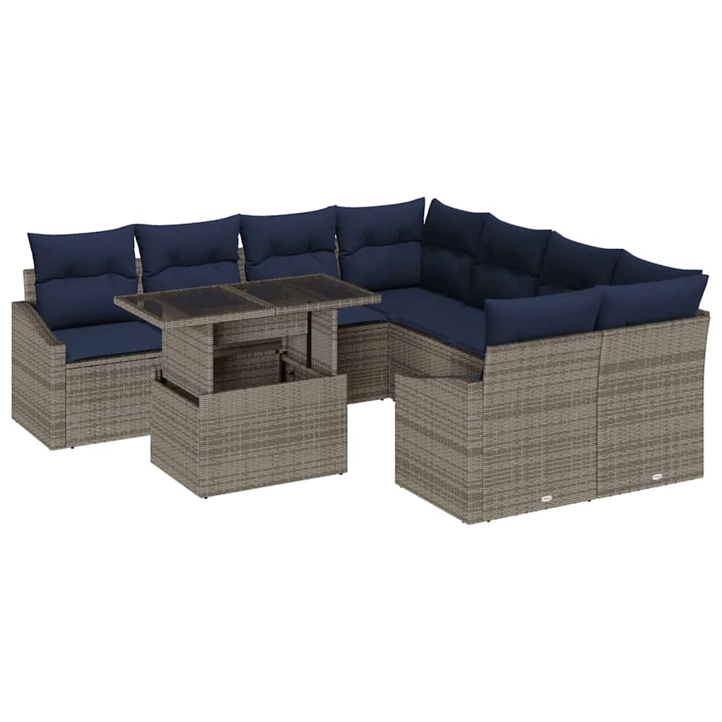 9-Piece Garden Sofa Set with Cushions Grey Poly Rattan