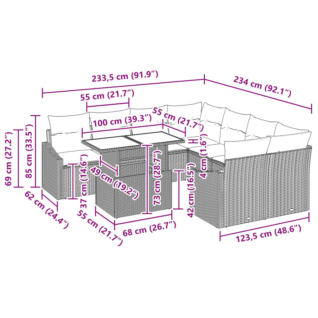 Conjunto de sofá de jardín con cojín 9 pcs Gris ratán sintético