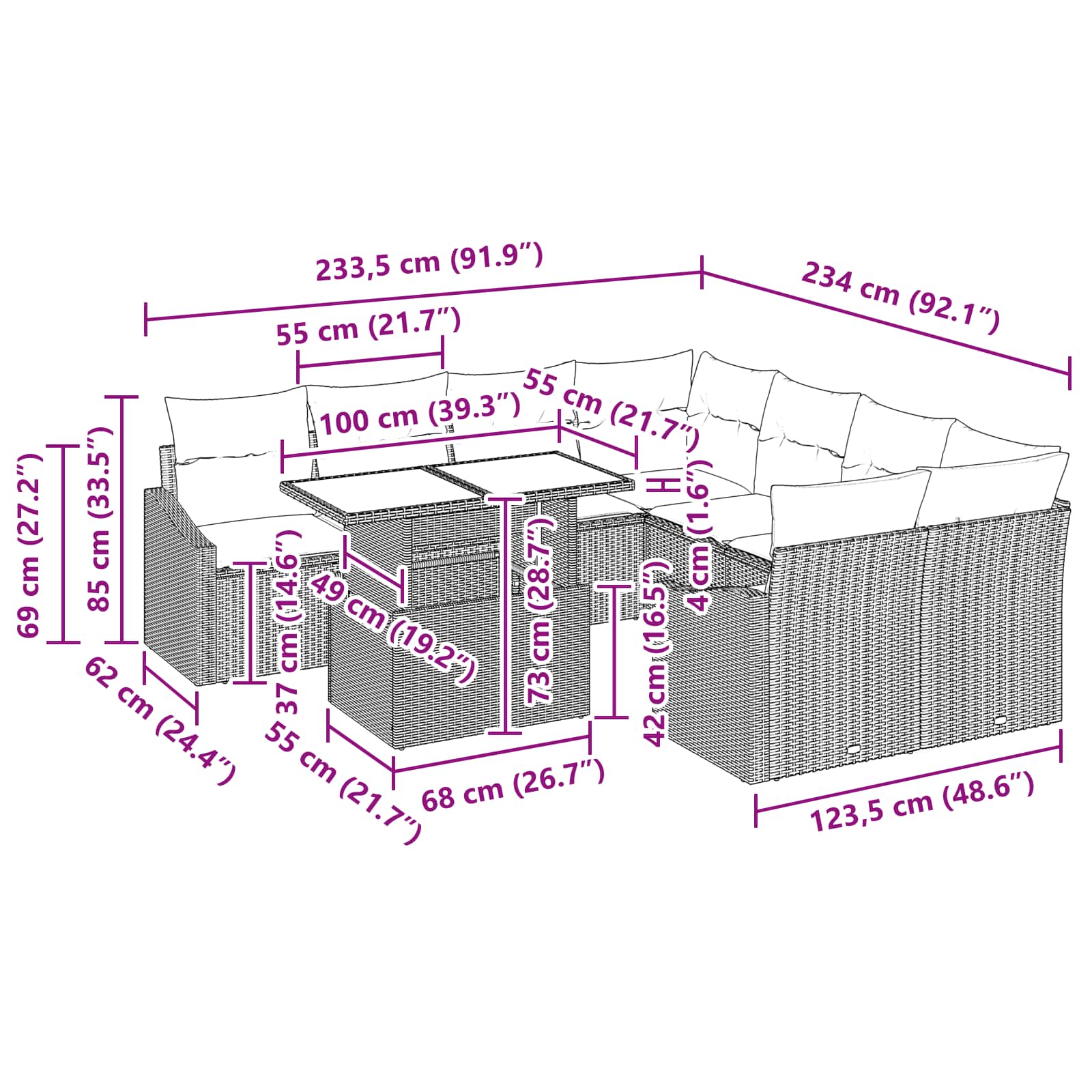 Conjunto de sofá de jardín con cojín 9 pcs Gris ratán sintético