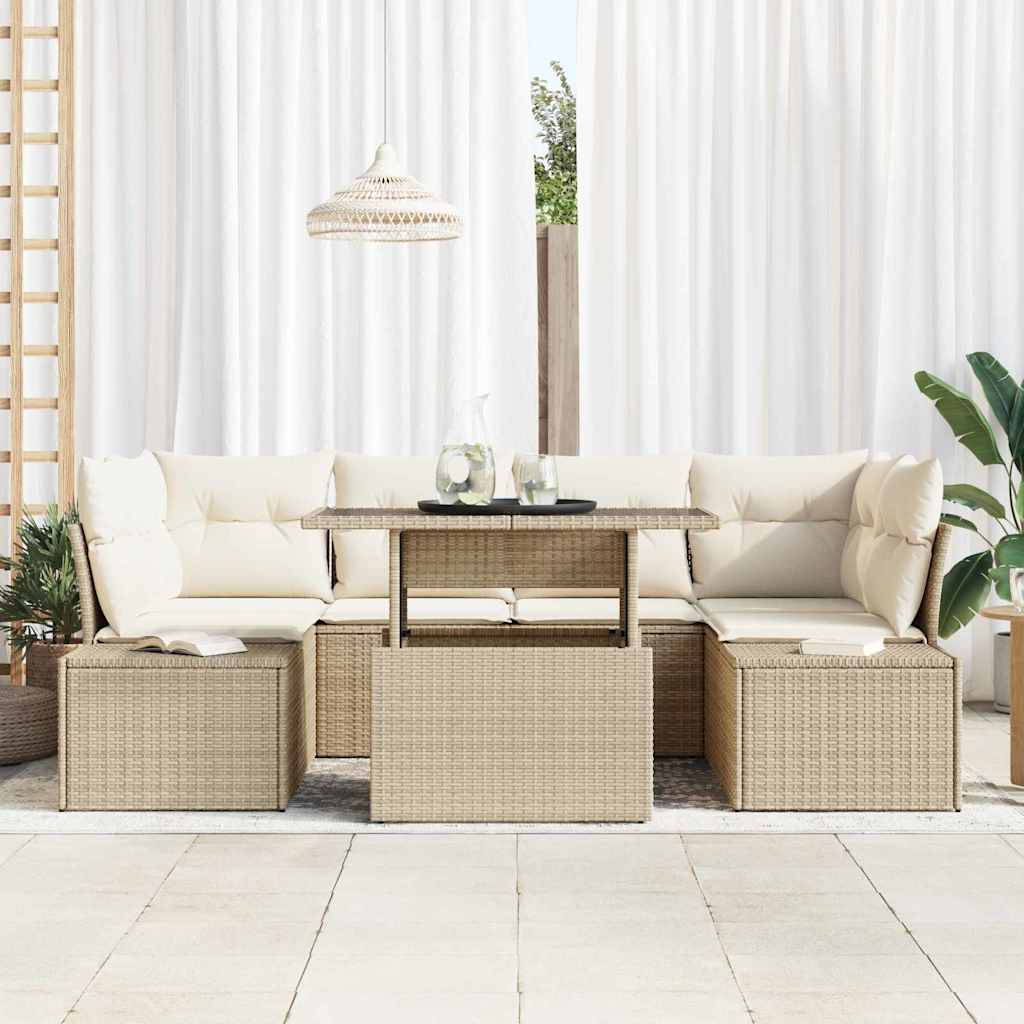 Conjunto de sofá de jardín con cojín 7 pcs Beige y Crema