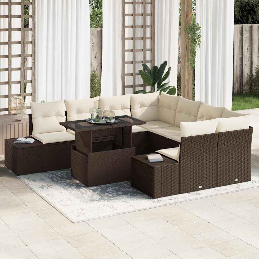 Conjunto de sofá de jardín 9 pcs Beige y Crema ratán sintético