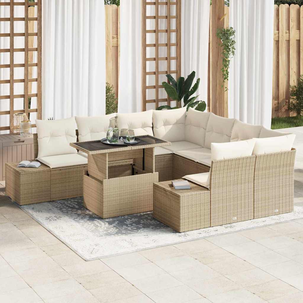Conjunto de sofá de jardín 9 pcs Beige y Crema ratán sintético