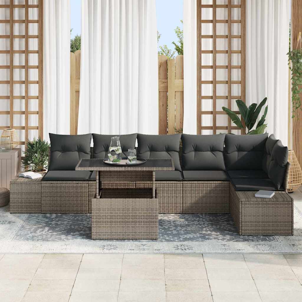 Conjunto de sofá de jardín con cojín 7 pcs Gris ratán sintético