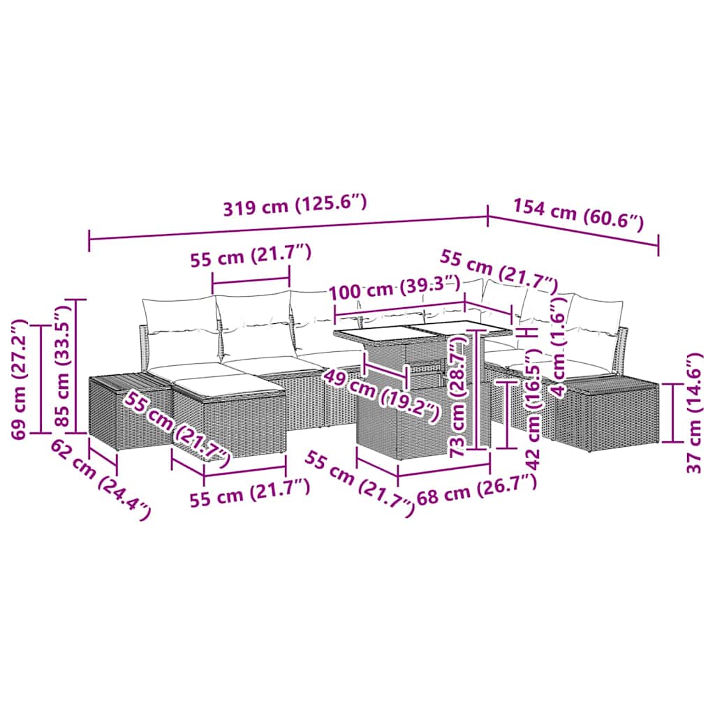 Conjunto de sofá de jardín 9 pcs Marrón Poliratán