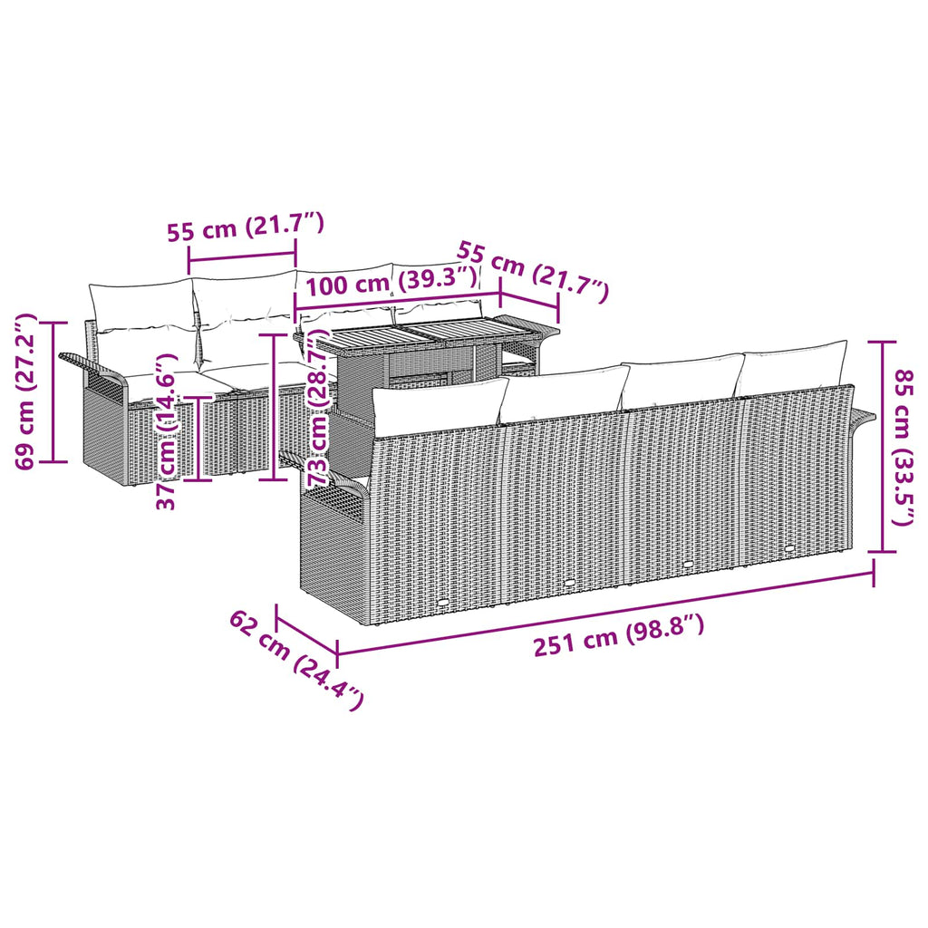 Conjunto de sofá de jardín 9 pcs Gris Poliratán