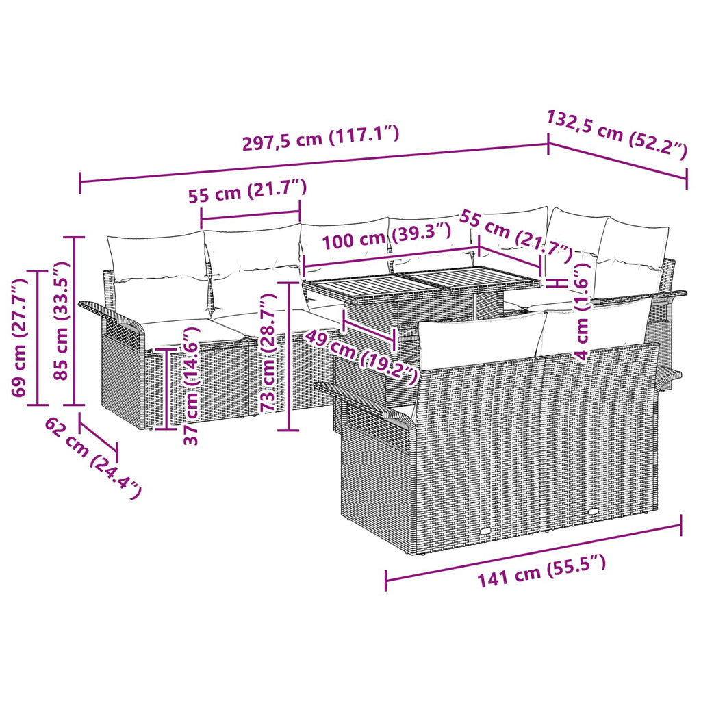 Conjunto de sofá de jardín 9 pcs Gris Poliratán