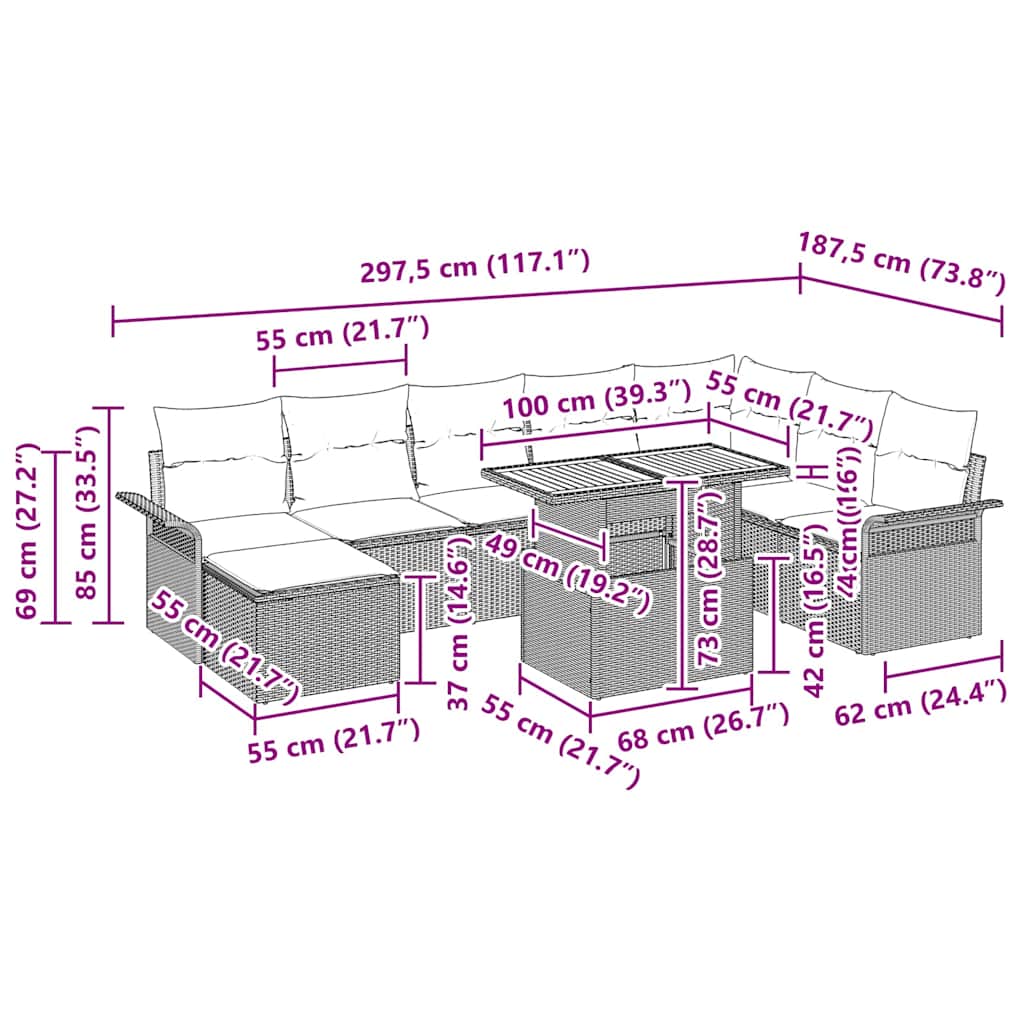Conjunto de sofá de jardín 9 pcs Beige Poliratán