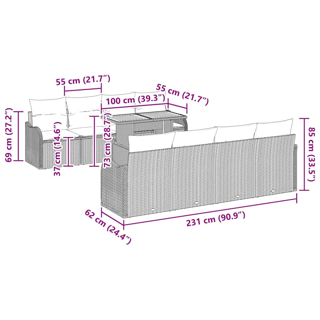 Conjunto de sofá de jardín 9 pcs Beige Poliratán