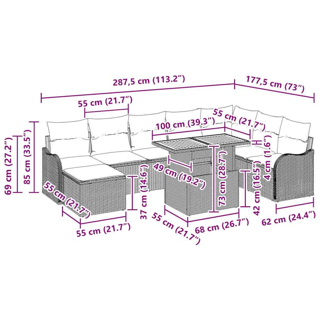 Conjunto de sofá de jardín 9 pcs Beige Poliratán