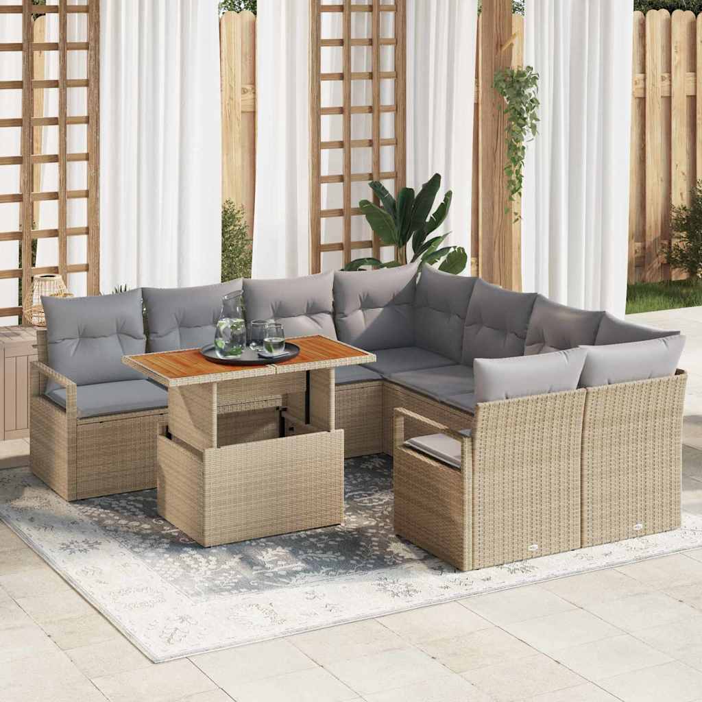 Conjunto de sofá de jardim 9 peças Bege Vime sintético