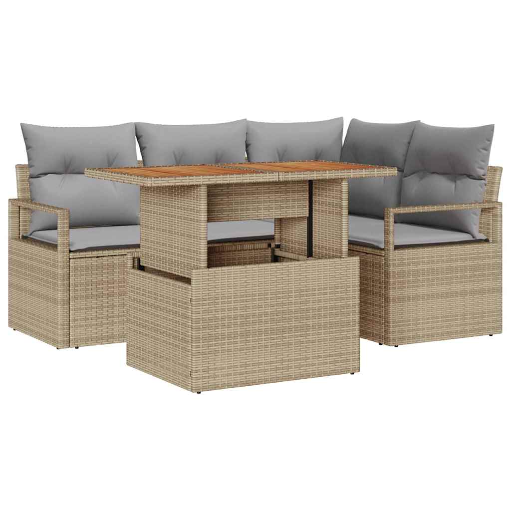 5-piece Garden Sofa Set Beige Poly Rattan