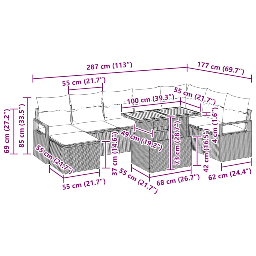 Conjunto de sofá de jardín 9 pcs Beige Poliratán
