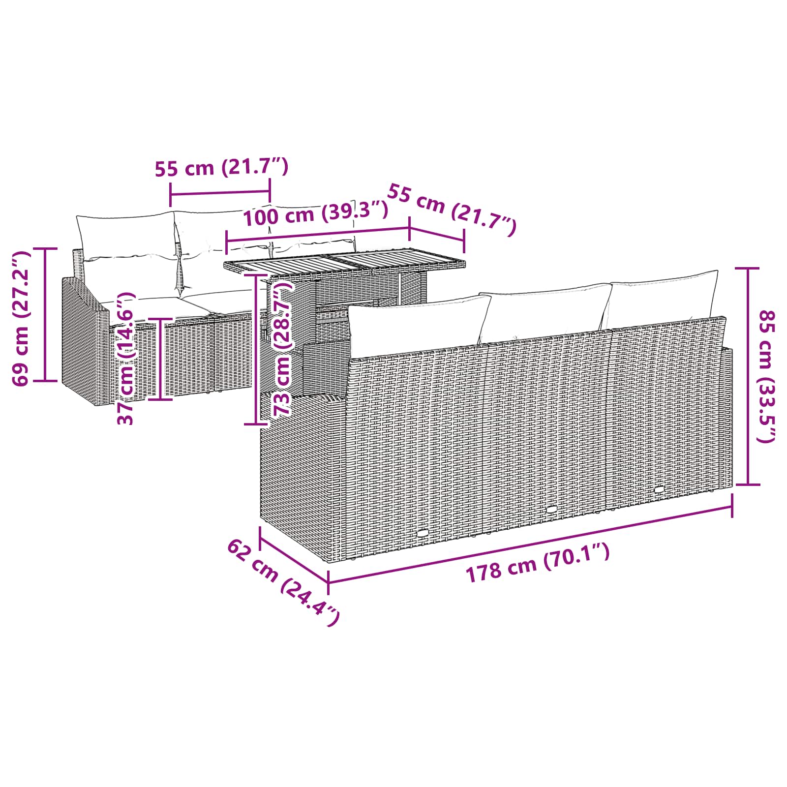 Conjunto de sofá de jardín 7 pcs Gris Poliratán