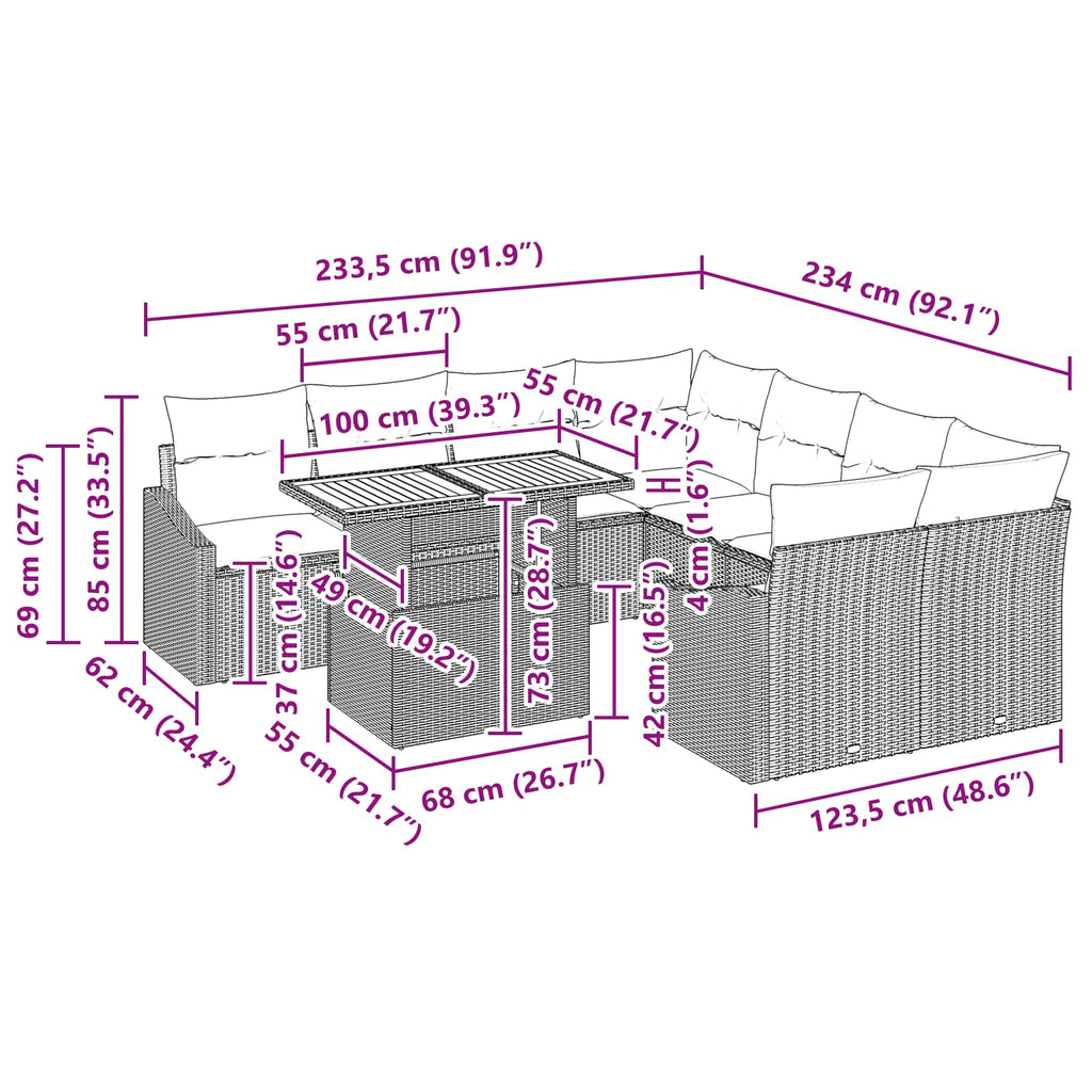 Conjunto de sofá de jardín 9 pcs Gris Poliratán