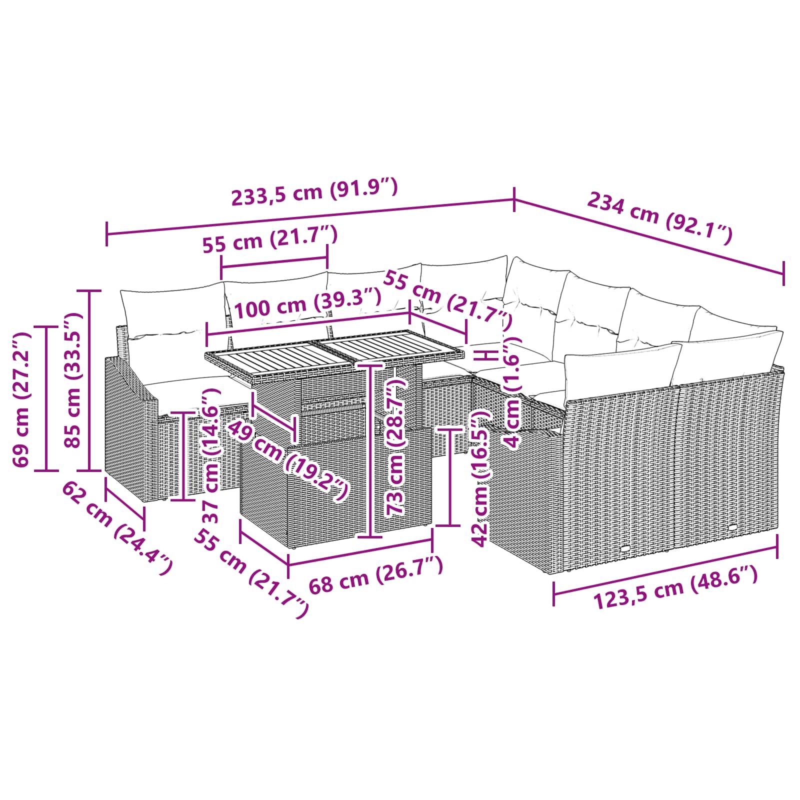 Conjunto de sofá de jardín 9 pcs Gris Poliratán