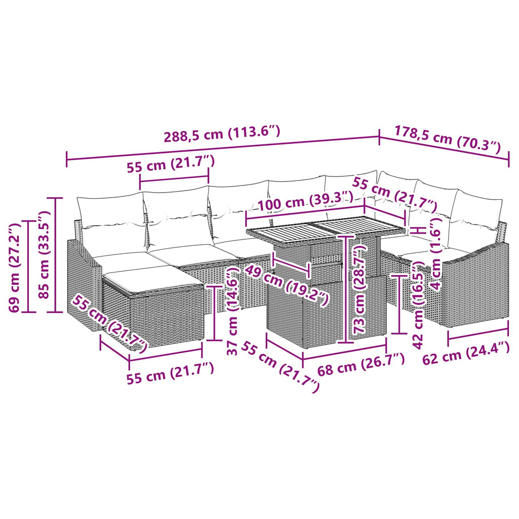 Conjunto de sofá de jardín 9 pcs Gris Poliratán