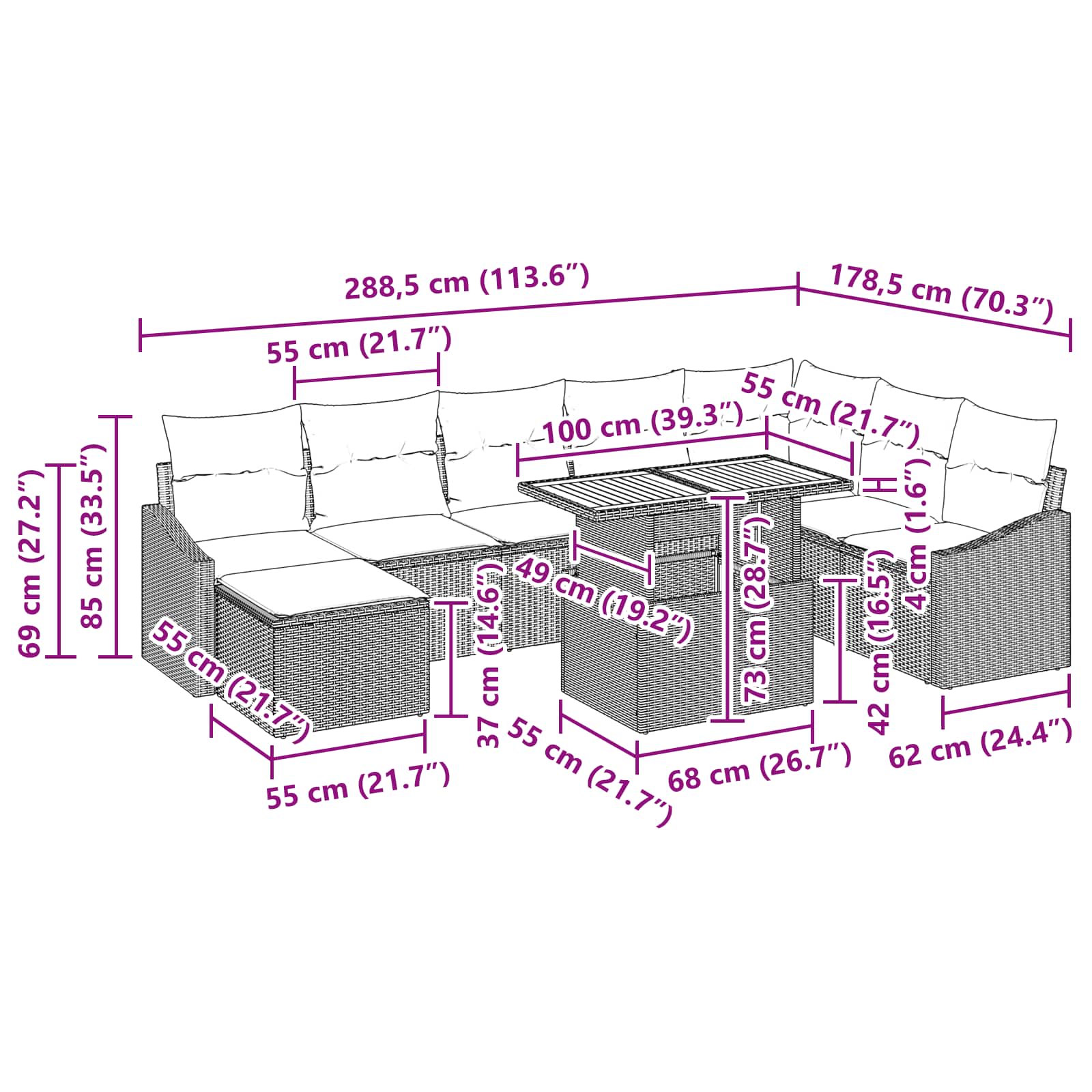 Conjunto de sofá de jardín 9 pcs Gris Poliratán