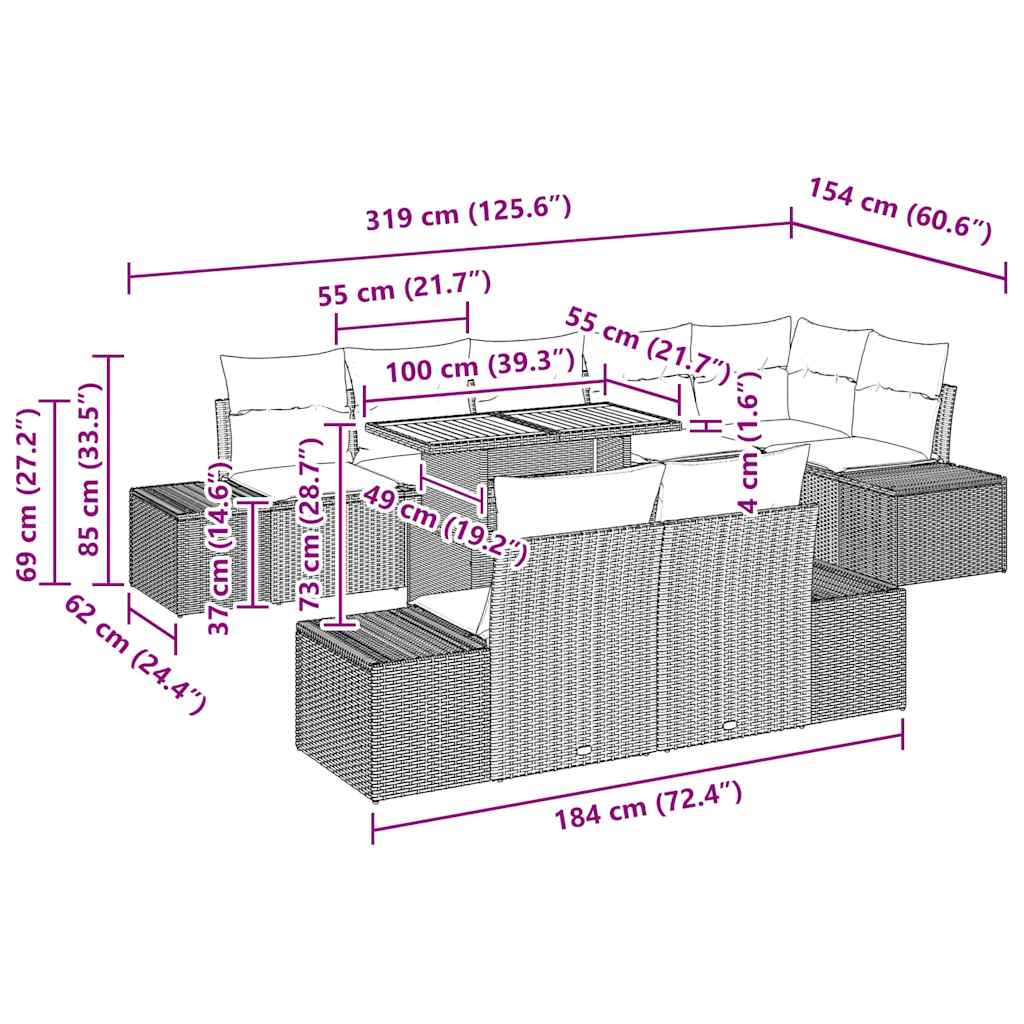 Conjunto de sofá de jardín 9 pcs Negro Poliratán