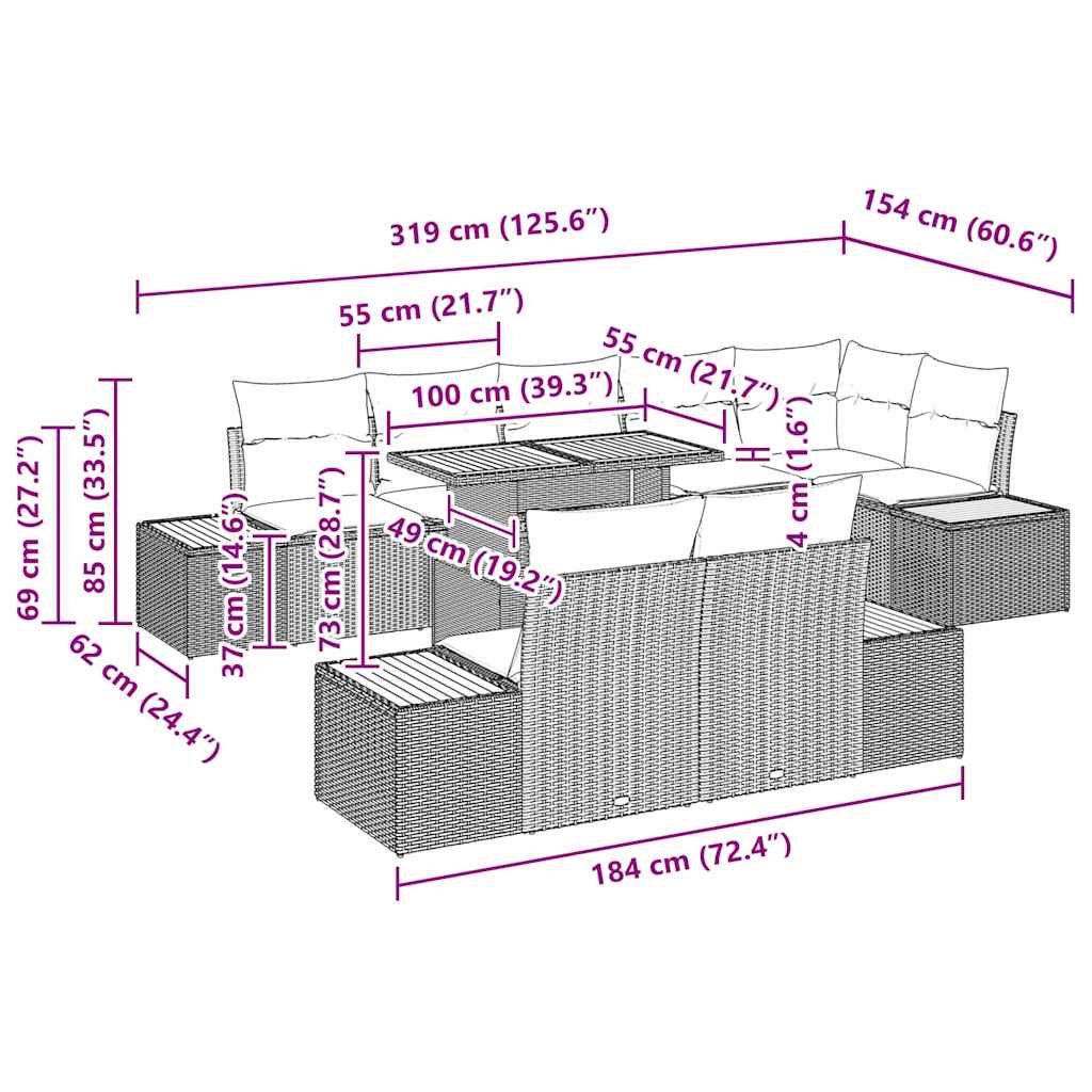 Conjunto de sofá de jardín 9 pcs Negro Poliratán