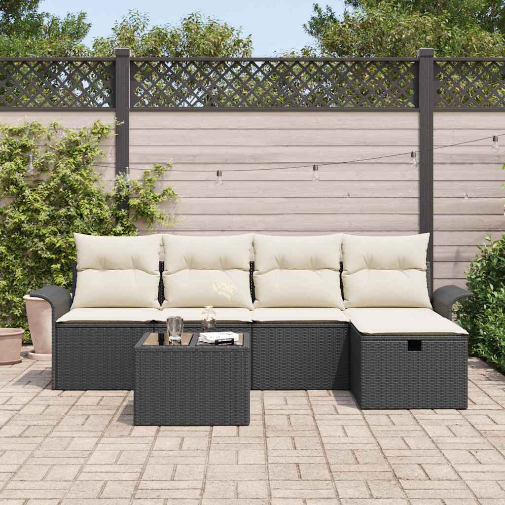 Conjunto de sofás de jardín 6 pcs Negro y crema ratán sintético