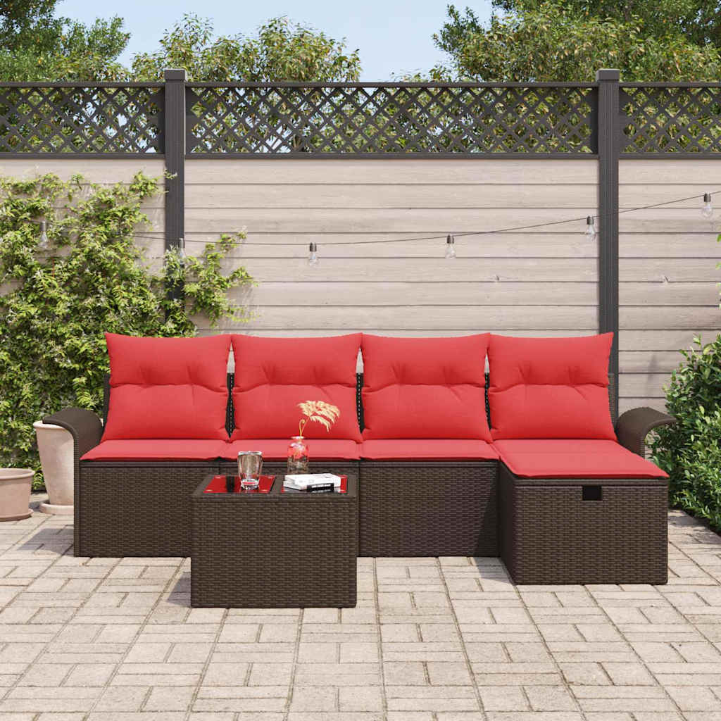 Conjunto de sofá de jardín 6 pcs Marrón y Rojo ratán sintético