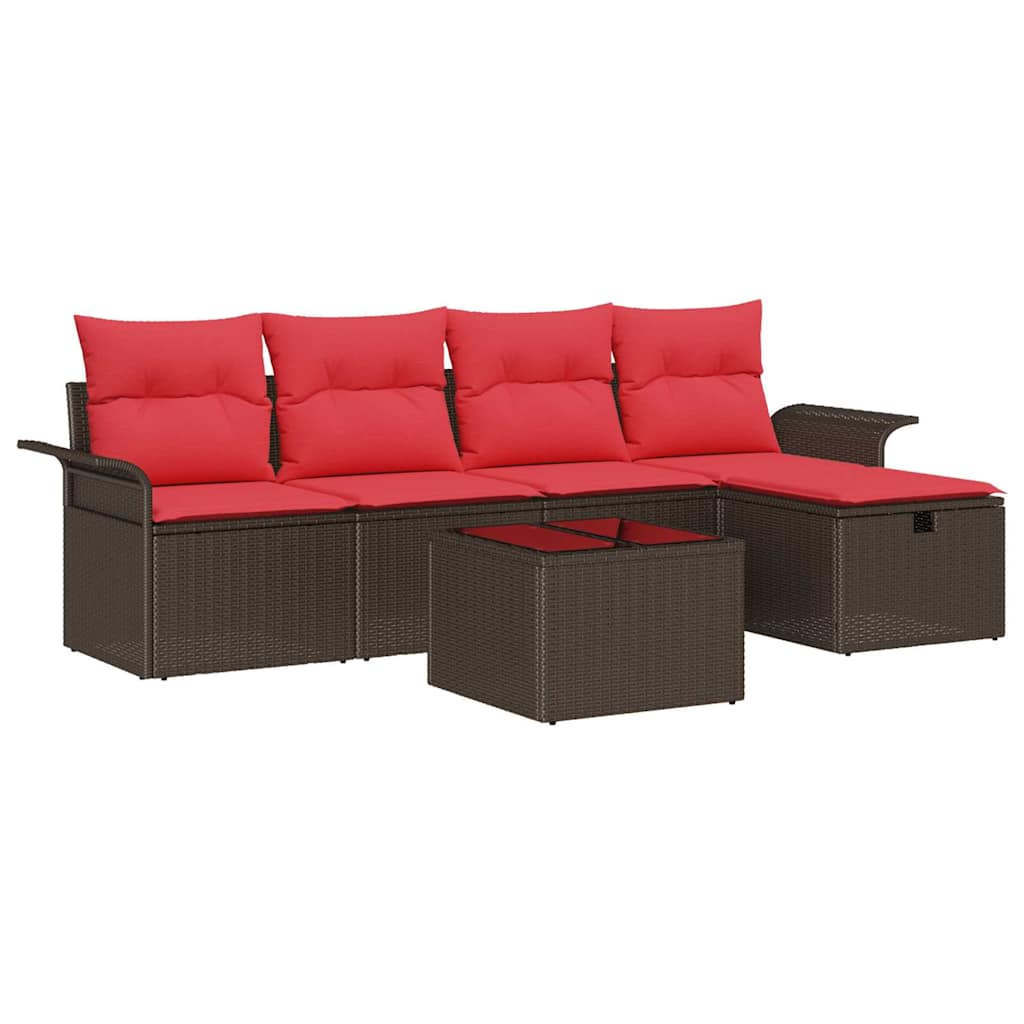 Conjunto de sofá de jardín 6 pcs Marrón y Rojo ratán sintético