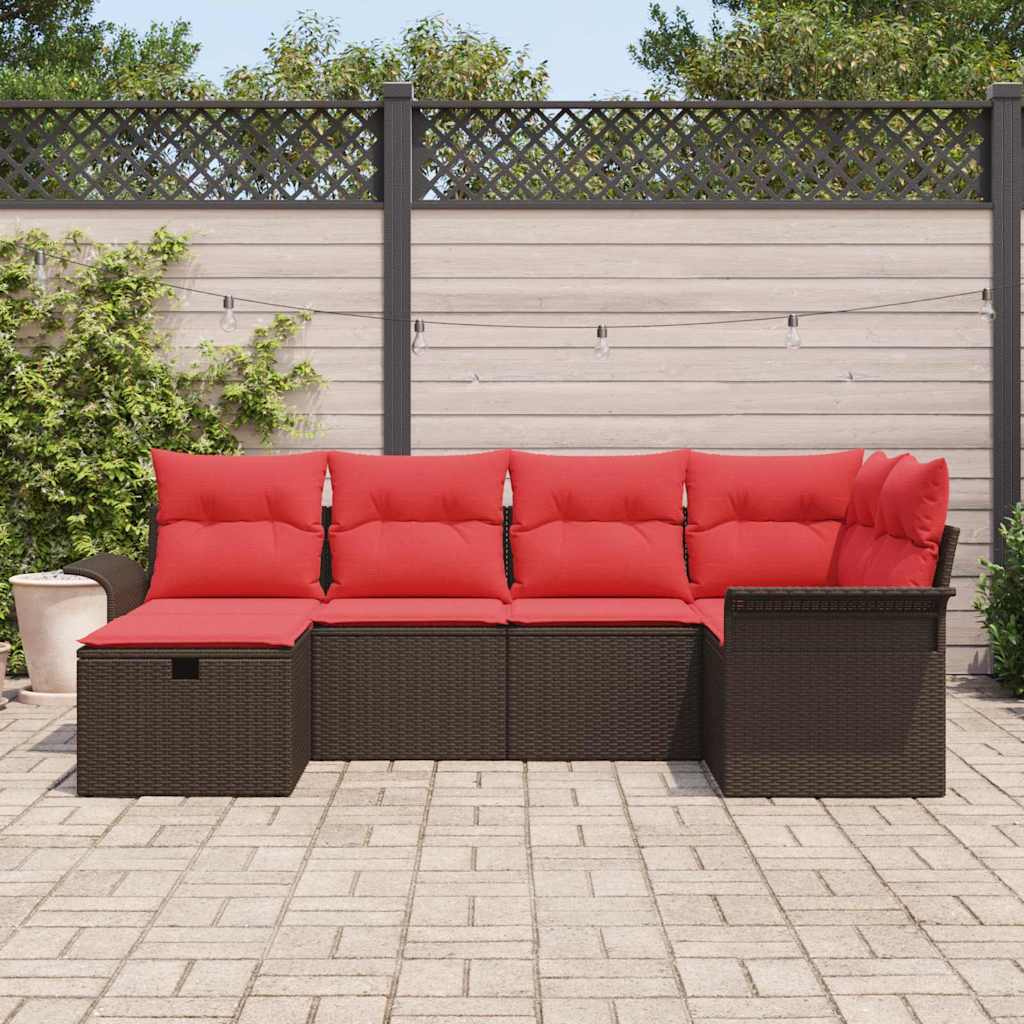 Conjunto de sofá de jardín 6 pcs Marrón y Rojo ratán sintético