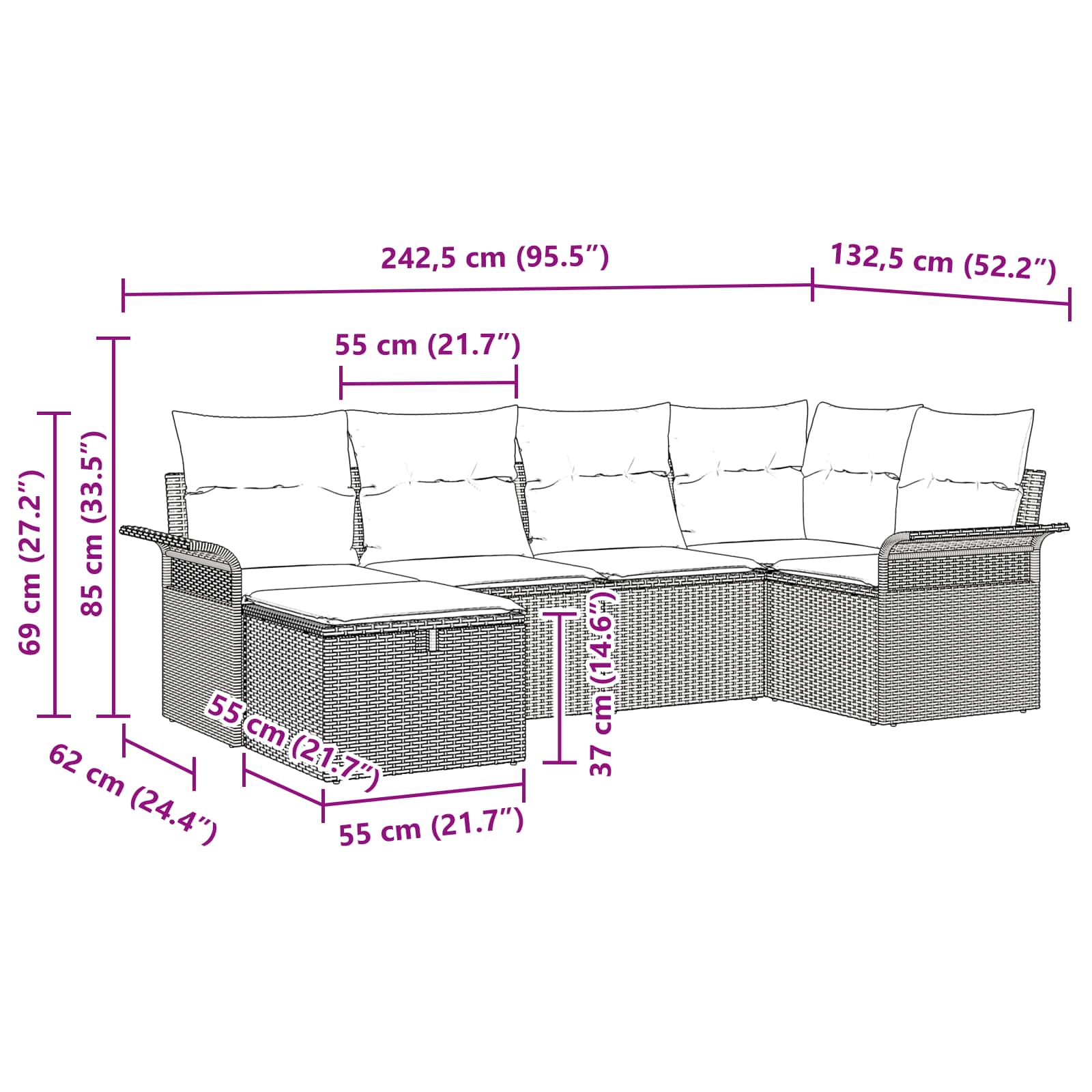 Conjunto de sofá de jardín con cojín 6 pcs Negro y Turquesa