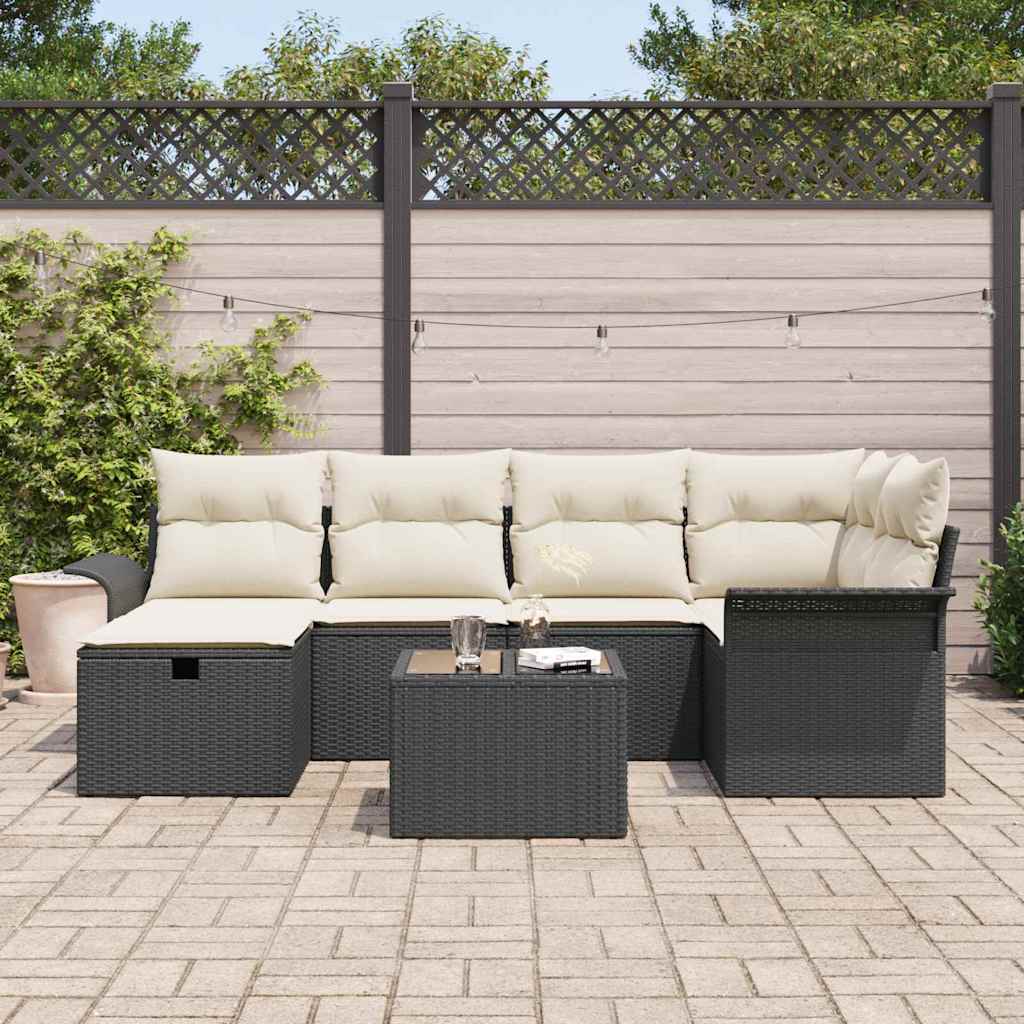 Conjunto de sofá de jardín 7 pcs Negro y crema ratán sintético
