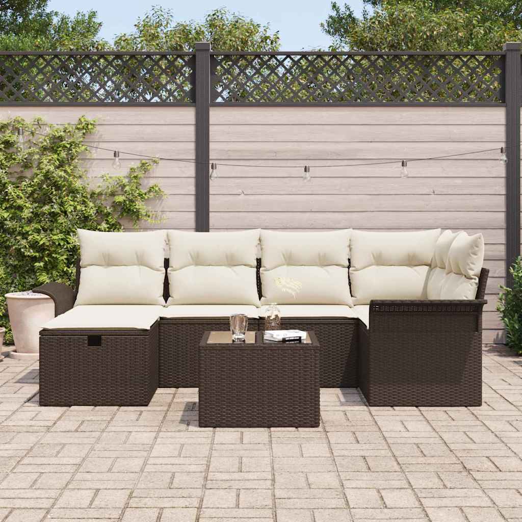 Conjunto de sofá de jardín 7 pcs Marrón y crema ratán sintético