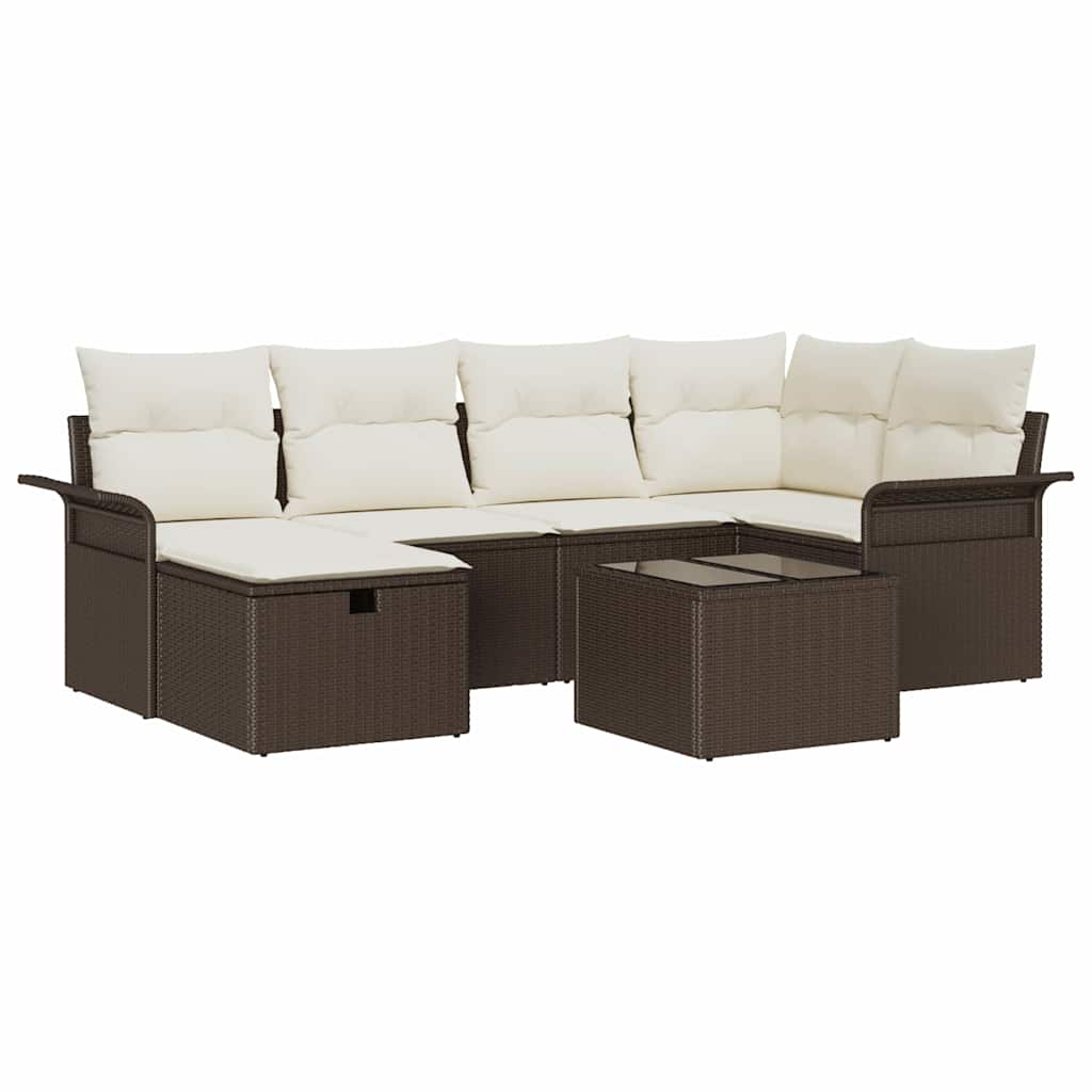 Conjunto de sofá de jardín 7 pcs Marrón y crema ratán sintético
