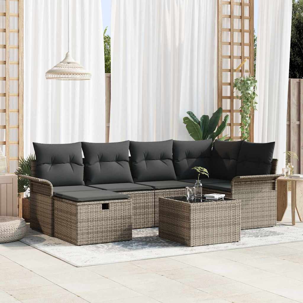 Conjunto de sofá de jardín con cojín 7 pcs Gris ratán sintético