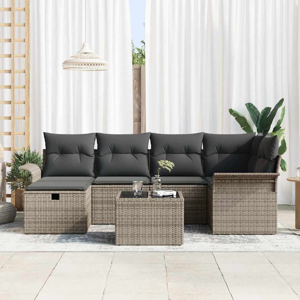 Conjunto de sofá de jardín con cojín 7 pcs Gris ratán sintético