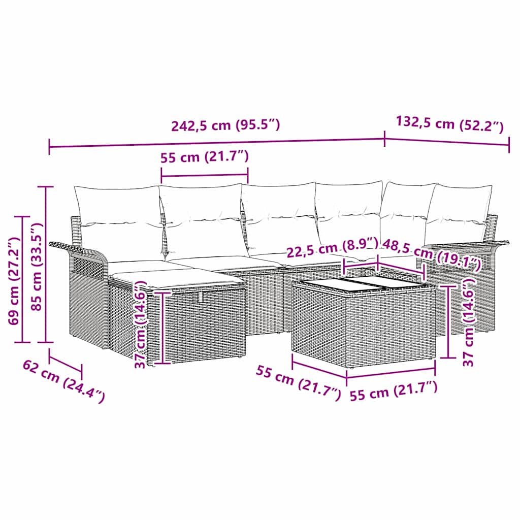 Conjunto de sofá de jardín con cojín 7 pcs Gris ratán sintético