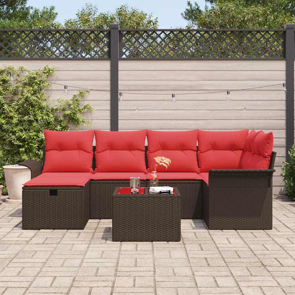 Conjunto de sofá de jardín 7 pcs Marrón y Rojo ratán sintético
