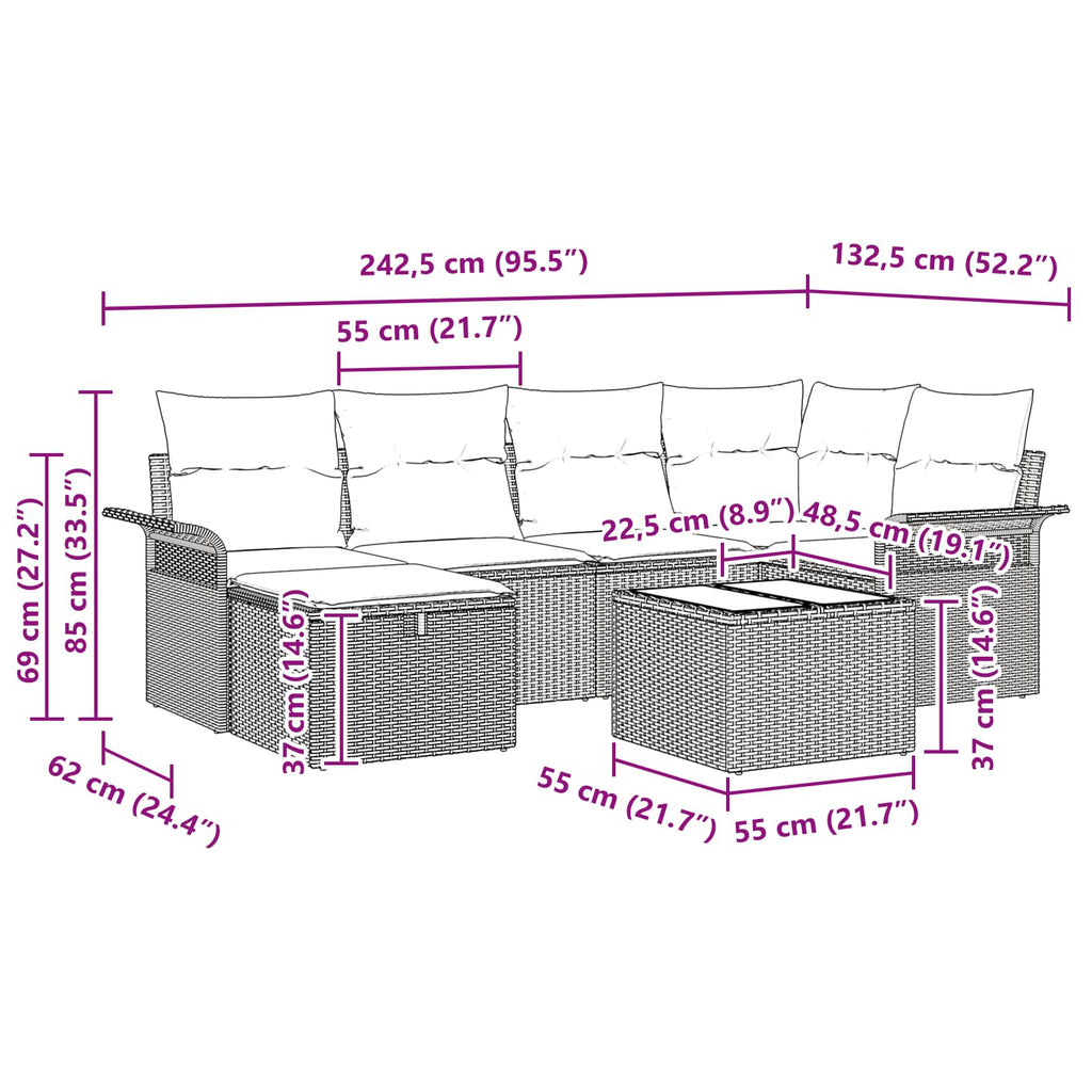 Conjunto de sofá de jardín 7 pcs Gris y marino ratán sintético