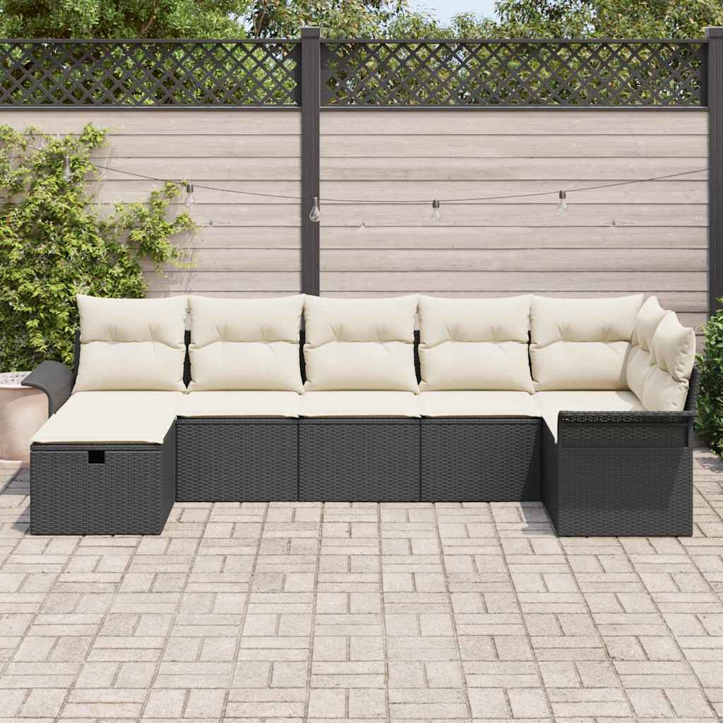 Conjunto de sofá de jardín 7 pcs Negro y crema ratán sintético