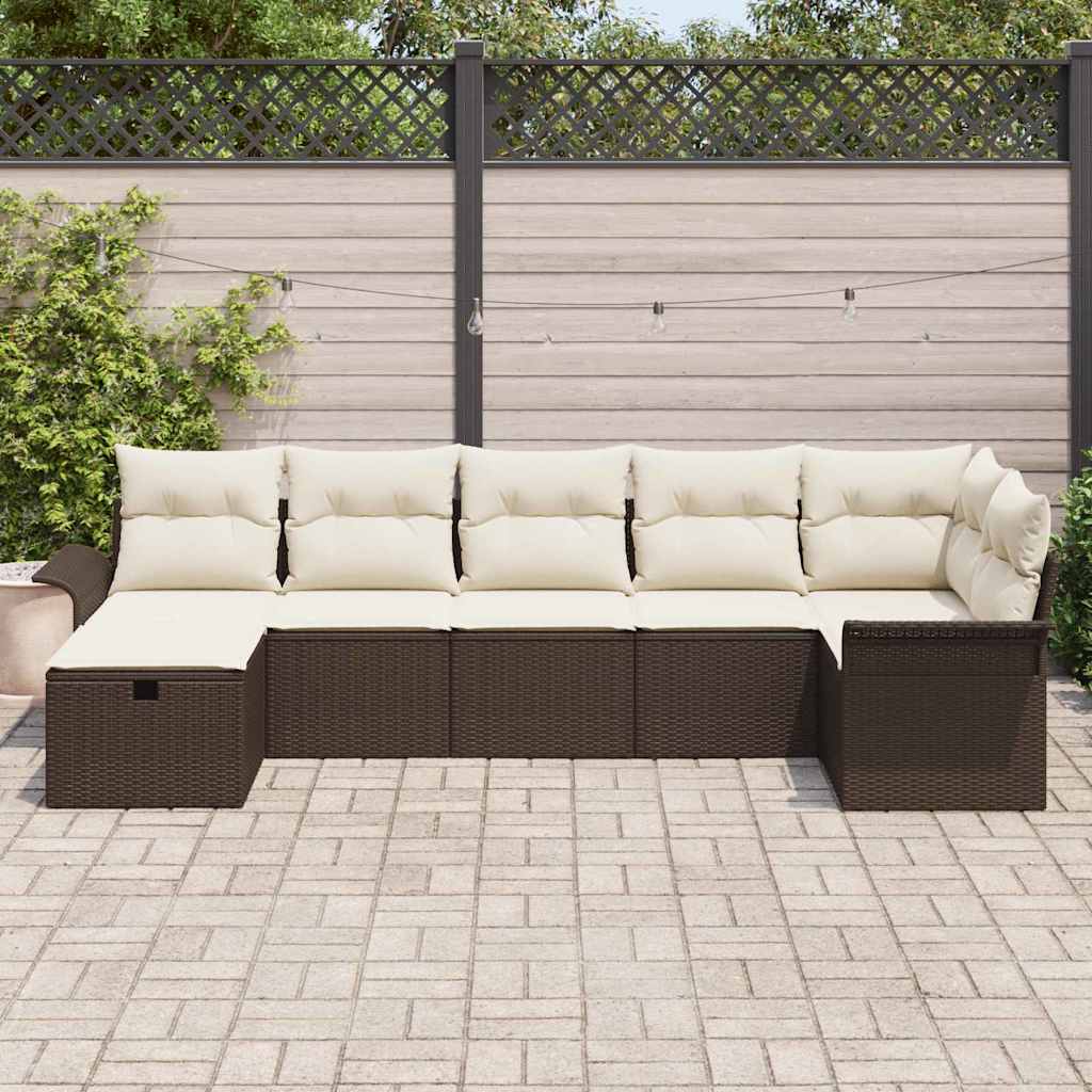 Conjunto de sofá de jardín 7 pcs Marrón y crema ratán sintético