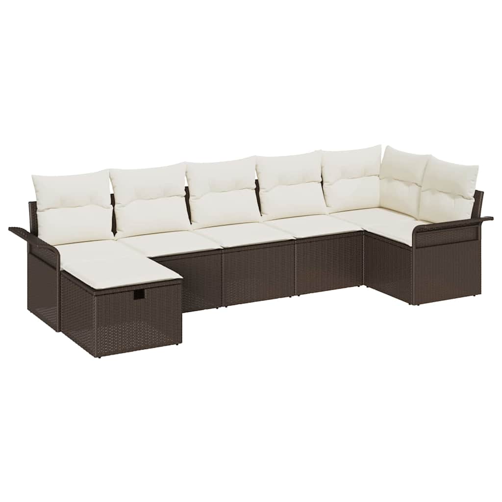 Conjunto de sofá de jardín 7 pcs Marrón y crema ratán sintético
