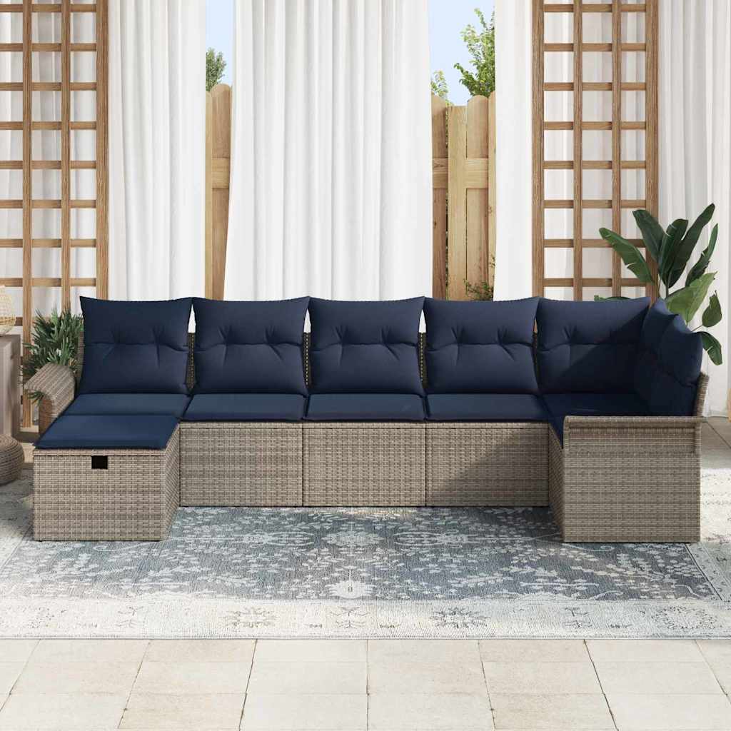 Conjunto de sofá de jardín 7 pcs Gris y marino ratán sintético