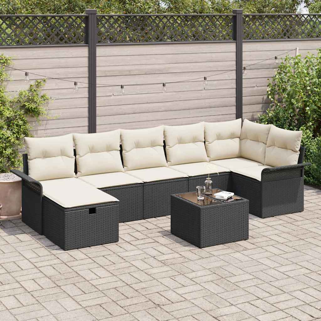 Conjunto de sofá de jardín 8 pcs Negro y crema ratán sintético